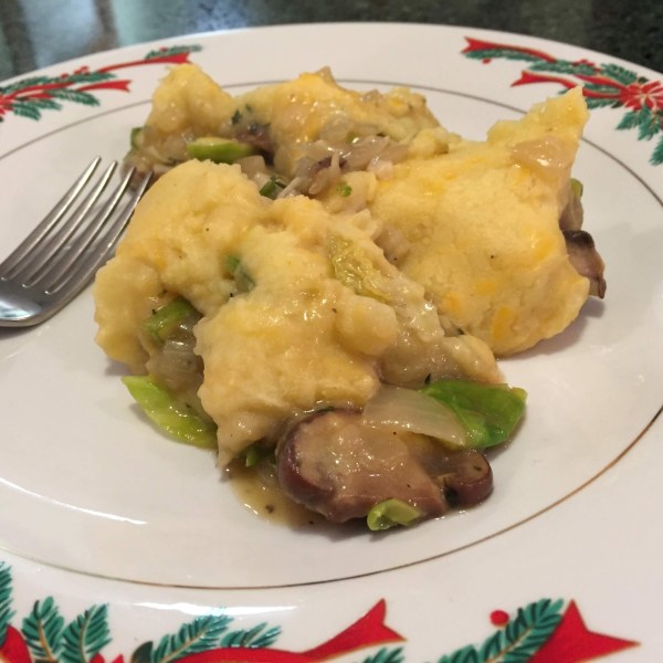Brussels Sprout and Mushroom Shepherd’s Pie with Cheddar Mash. served