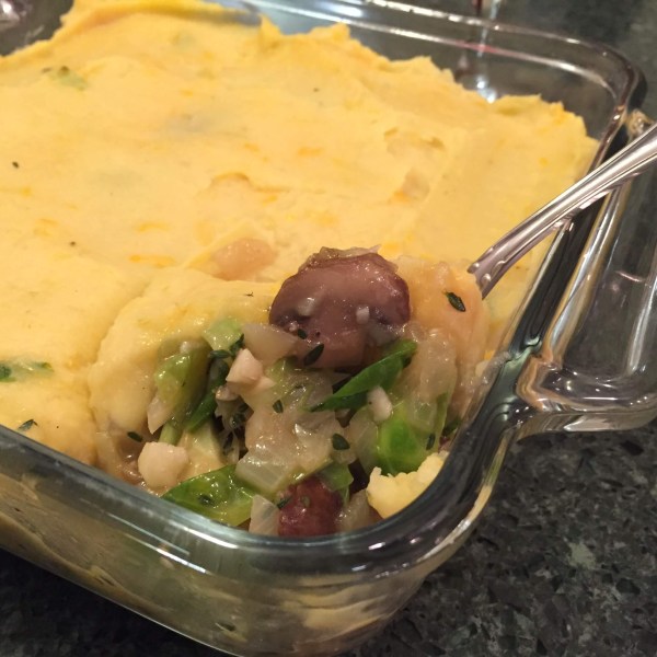 Brussels Sprout and Mushroom Shepherd’s Pie with Cheddar Mash.