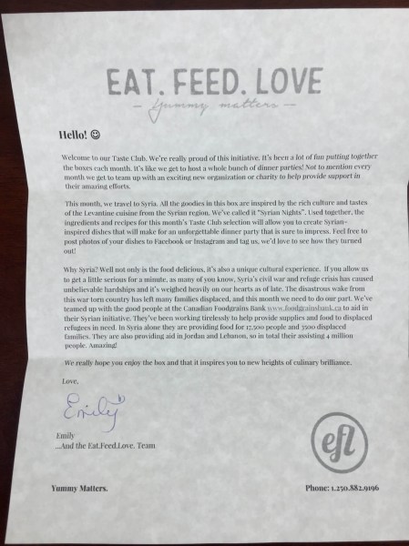 Eat Feed Love Taste Club December 2015 letter