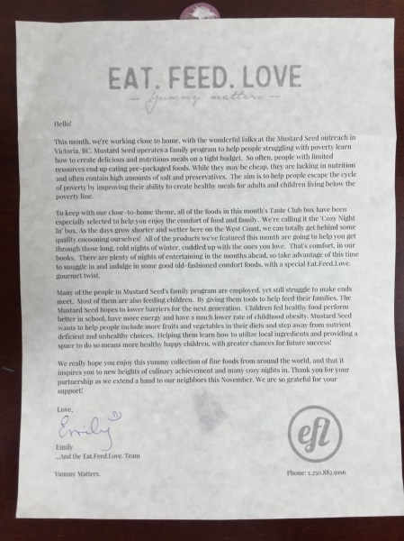 Eat Feed Love Taste Club November 2015 letter