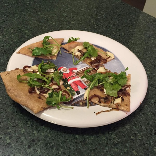 Fig & Brie Flatbread with Thyme-Caramelized Onions and Balsamic-Arugula Salad