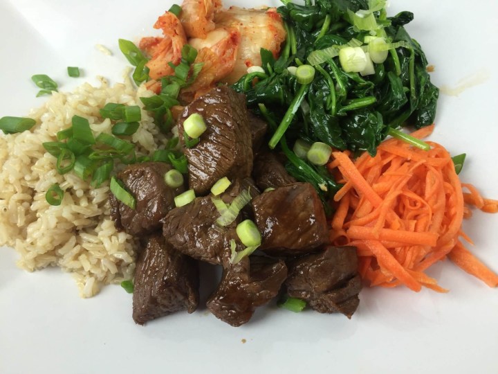 Korean Beef Bowl with Carrots, Spinach, and Brown Rice plated dinner subscription