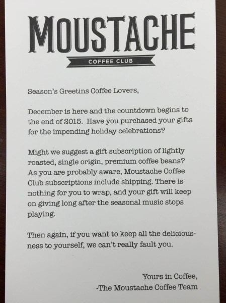 Moustache Coffee Club December 2015 note