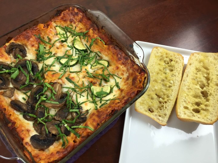 One-Skillet Veggie Lasagna with Zucchini, Mushrooms, and Garlic Bread
