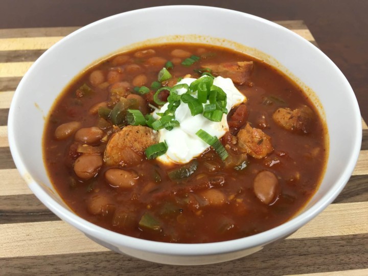 Southwestern Chicken Sausage Chili with Black Beans, Sour Cream, and Oregano