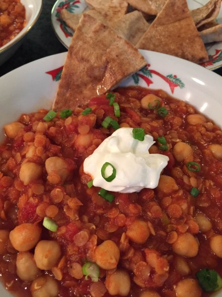 Spiced Moroccan Lentil and Chickpea Soup with Sour Cream and Toasted Pita zoom