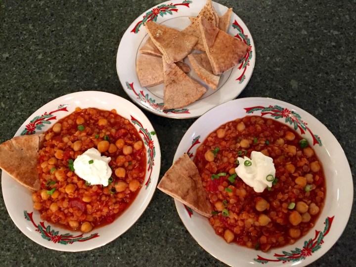 Spiced Moroccan Lentil and Chickpea Soup with Sour Cream and Toasted Pita