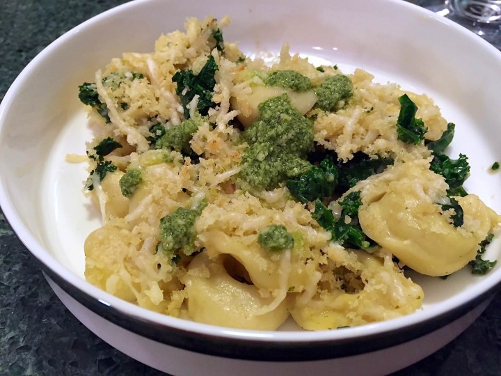 Tortellini Gratin with Kale and Parmesan Breadcrumbs served