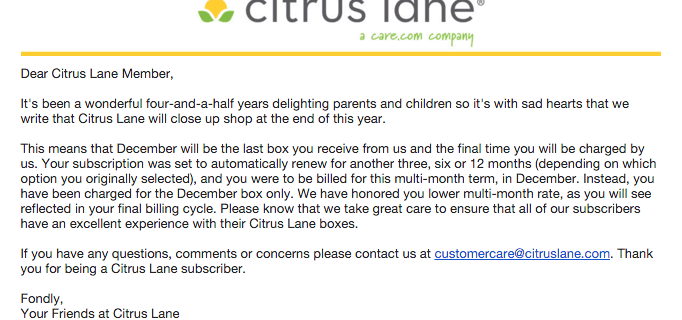 Citrus Lane Announces Closing and Last Box & Refund Details