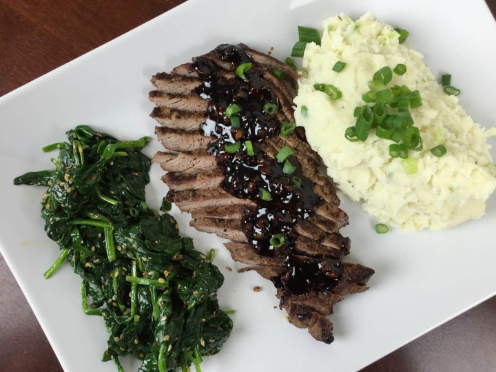 hello fresh december 2015 Soy-Glazed Steak with Wasabi Mashed Potatoes and Sesame Spinach