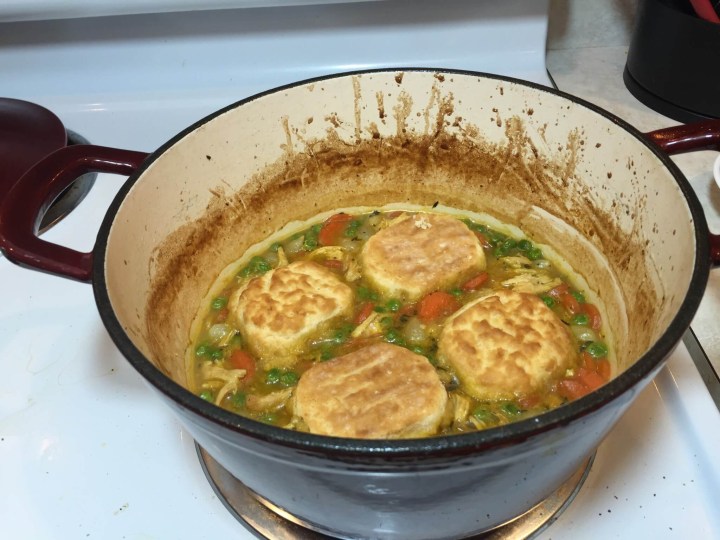 Chicken Pot Pie with Flaky Biscuits in pot
