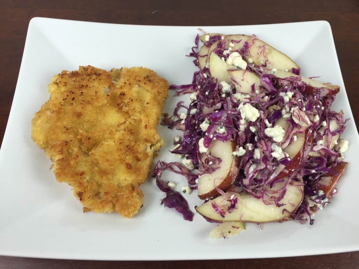 Chicken Schnitzel with Red Cabbage, Pears, and Gorgonzola