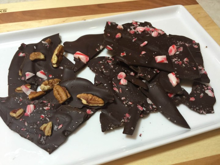 Chocolate Peppermint Bark with Pecans and Sea Salt.