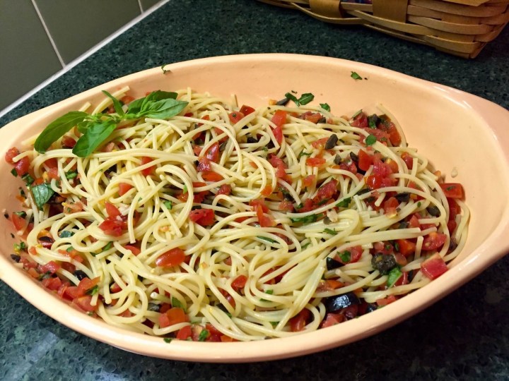 Jamie’s Salsa Spaghetti With Black Olives & Fresh Basil