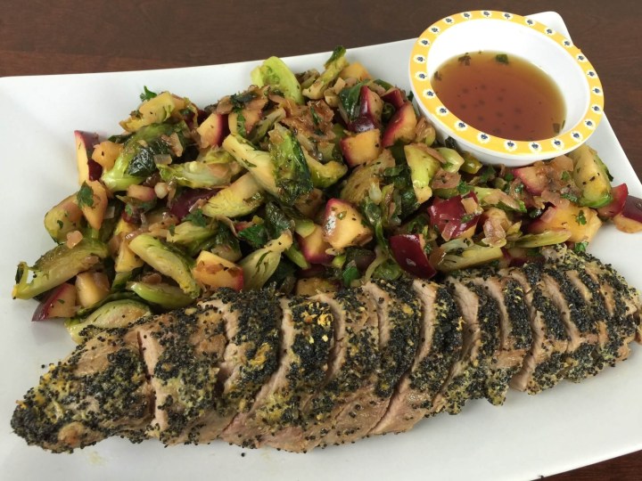 Lemon-Poppy Seed Pork Tenderloin With Apple-Brussels Sprout Hash and Cider Gastrique