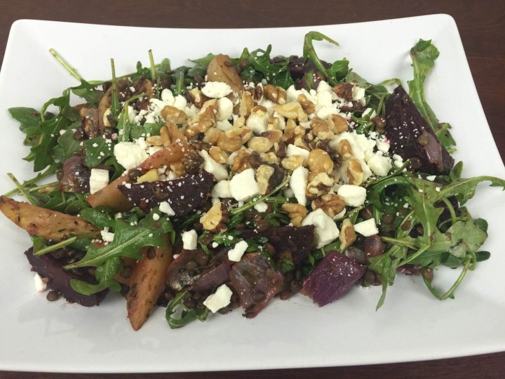 Roasted Beet and Lentil Salad with Feta Cheese, Arugula, and Walnuts