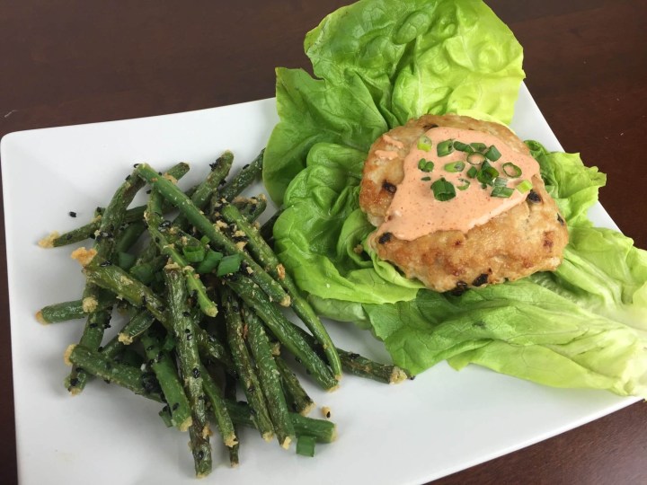Turkey Burger Lettuce Wraps with Sriracha Aioli and Crispy Green Beans plated review