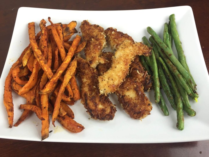 hello fresh january 2016 Coconut-Crusted Chicken Fingers with Garlic Green Beans and Spiced Sweet Potato Fries