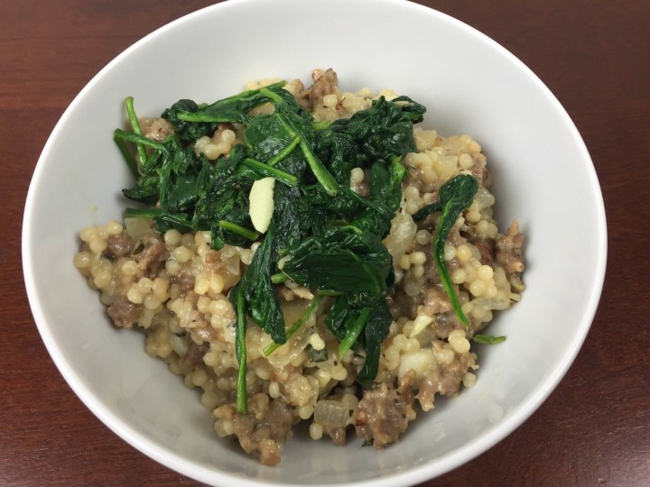 hello fresh january 2016 Fregola Sarda & Sweet Italian Sausage with Mushrooms, Wilted Spinach, and Parmesan