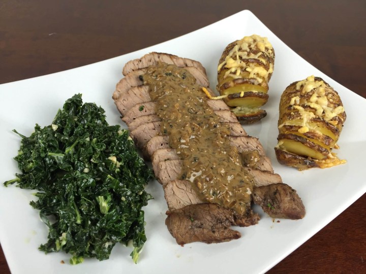 hello fresh january 2016 Steak Au Poivre with Cheesy Hesselbeck Potatoes, Creamed Kale, and Shallot-Peppercorn Sauce
