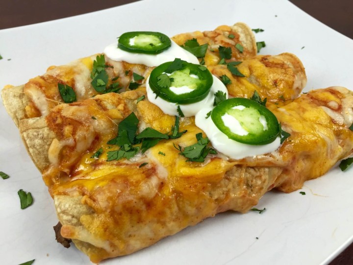 Beef and Cheese Enchiladas With Sour Cream, Sweet Corn, and Cheese