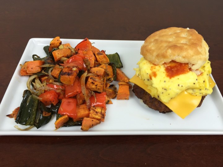 Breakfast South of the Border Sausage and Egg Biscuits With Sweet Potato and Poblano Hash