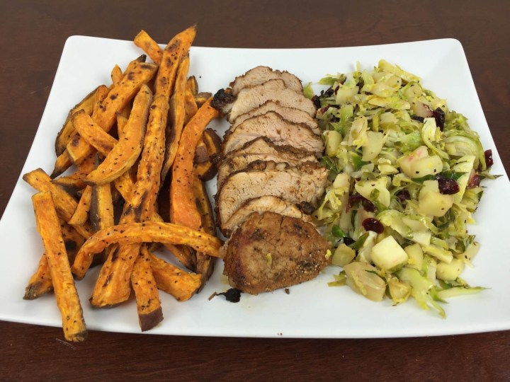 Brown-Sugar Glazed Pork Tenderloin with Sweet Potato Wedges and Brussels Sprout-Apple Hash.