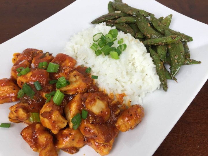 Chicken with Tiger Sauce With Sugar Snap Peas and Rice
