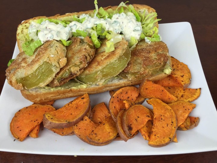 Fried Green Tomato Po' Boys with Roasted Sweet Potatoes