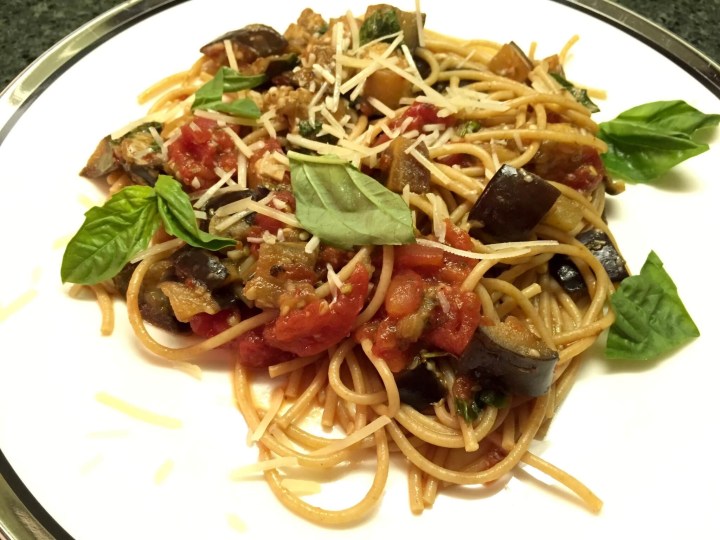 Jamie's Sicilian Spaghetti Alla Norma with Eggplant, Baby Capers, and Basil