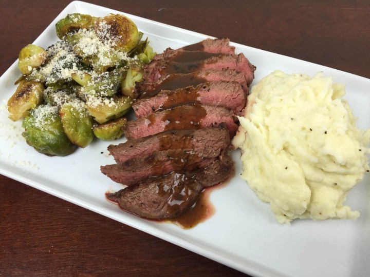 Sherry Wine Demi-Glace Flat-Iron Steak With Whipped Potatoes and Balsamic Brussels Sprouts