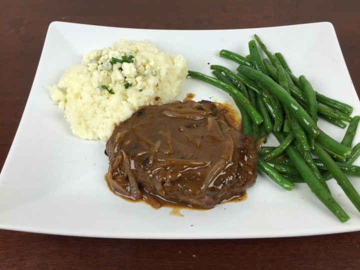 Sirloin Steak with Sauce Robert With Bleu Cheese Mashed Cauliflower and Green Beans.