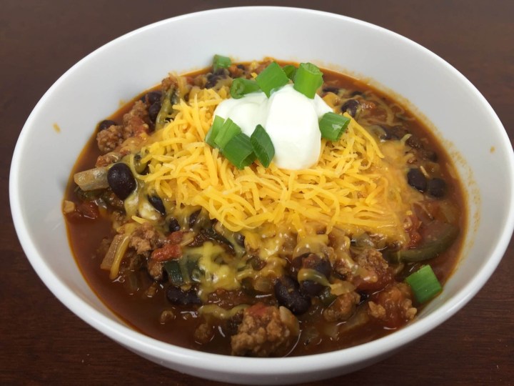 Smoky Beef & Poblano Chili with Kidney Beans, Cheddar, and Sour Cream