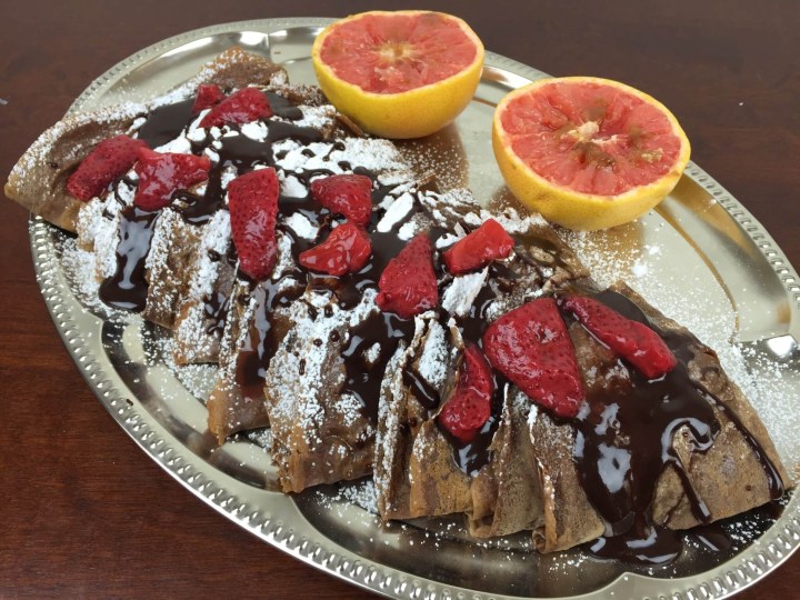 Valentine's Day Breakfast Chocolate Strawberry Crêpes With Cream-Cheese Strawberry Filling and Chocolate Syrup