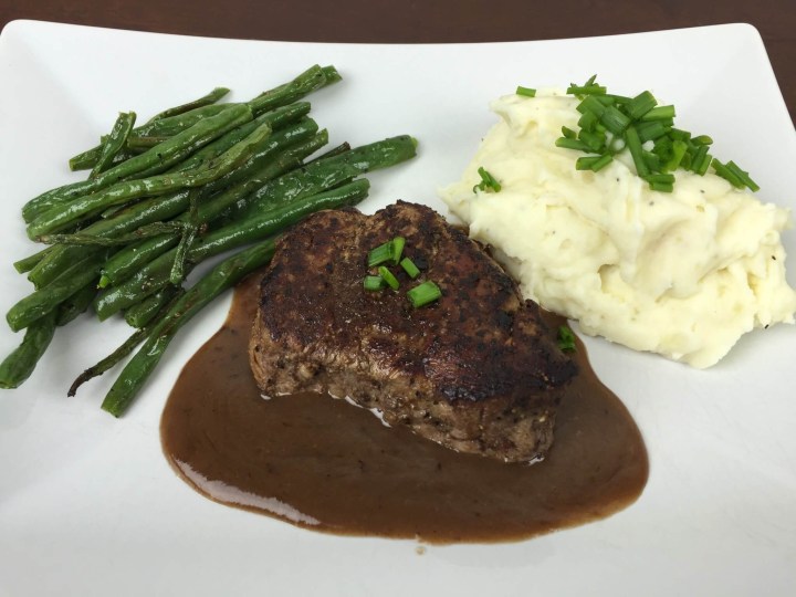Valentine's Day Filet Mignon with Sour Cream and Chive Mash With Red Wine-Chocolate Bordelaise, Green Beans, and Chocolate Mousse