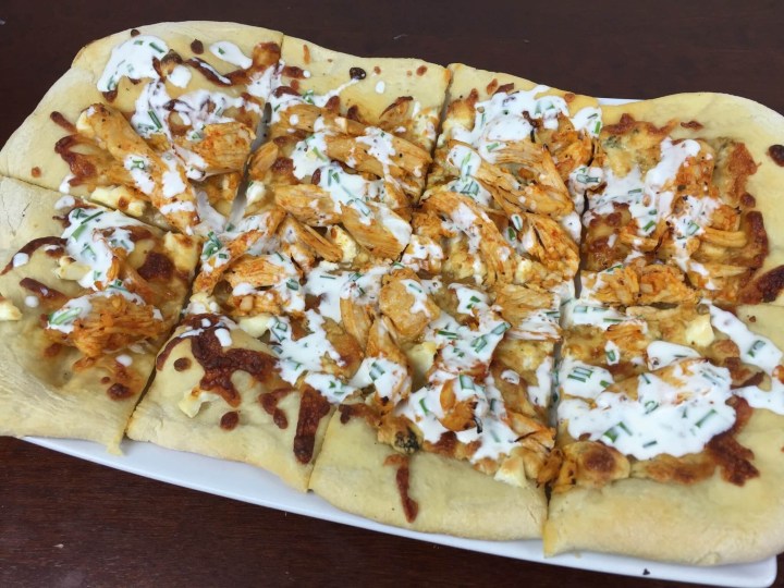 White Pizza with Buffalo Chicken and Yogurt Ranch Dressing