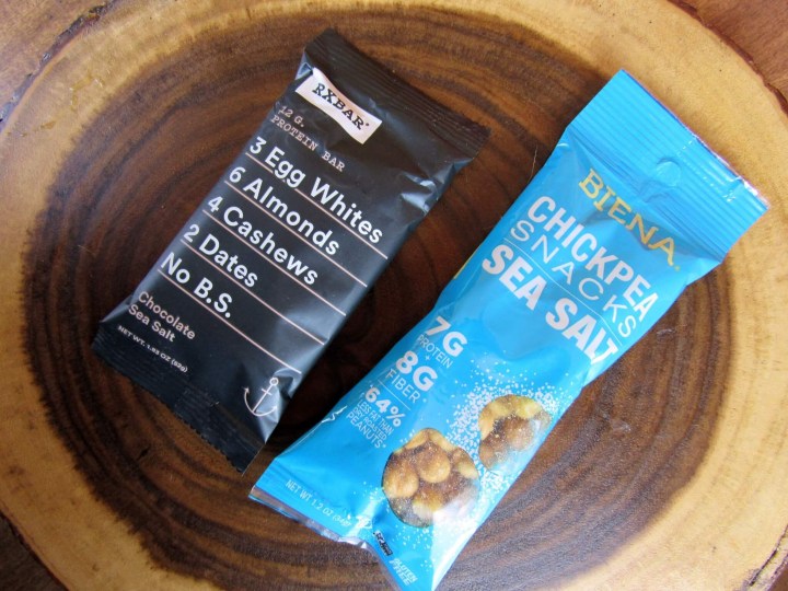 Chocolate Sea Salt Protein Bar by RXBAR and Chickpea Snacks by Biena Foods