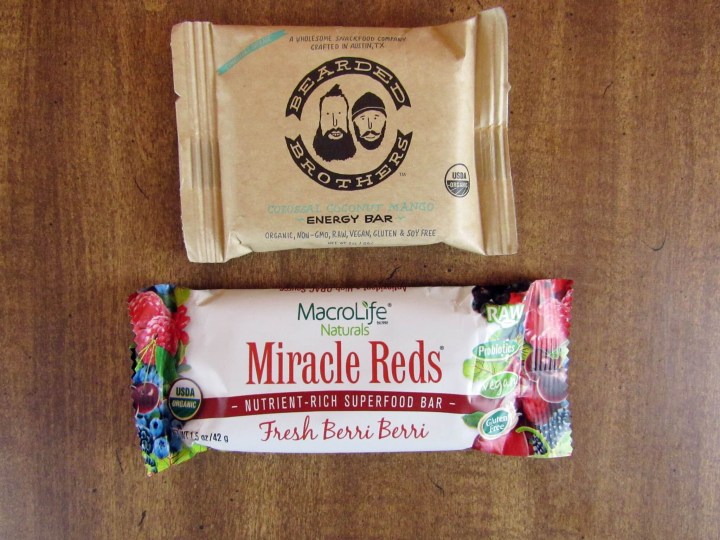 Bearded Brothers Coconut mango Energy Bar and MacroLife Naturals Miracle Reds Bar
