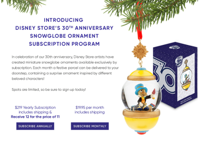 New Disney Subscription: 30th Anniversary Snowglobe Ornament Subscription