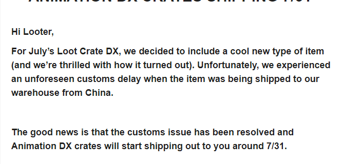 July 2017 Loot Crate DX Shipping Delay
