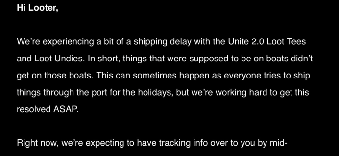 Loot Wear December 2017 Loot Tee +  Undies Shipping Delay