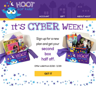 Hoot For Kids Cyber Monday Kids Subscription Deal: 50% Off Your Second Box!