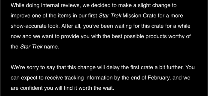 Star Trek: Mission Crate January 2018 Shipping Delay