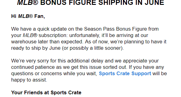 Sports Crate: MLB Edition Bonus Figure Shipping Update!