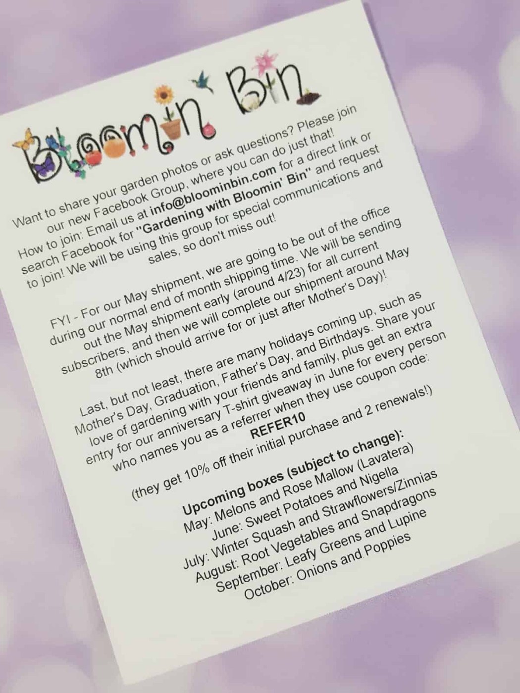 Bloomin’ Bin Subscription Box Review & Coupon April 2018 hello