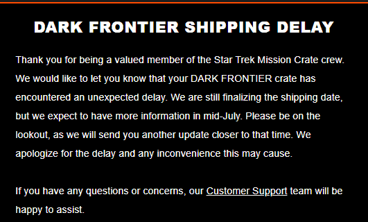 Star Trek: Mission Crate May 2018 Shipping Delay