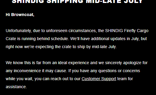 Firefly Cargo Crate May 2018 Shipping Update