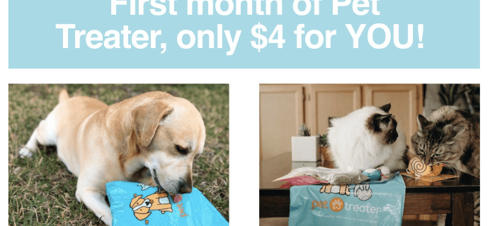 Get Your First Month Of Pet Treater Dog Box Mini Or Cat Pack For Only $4!