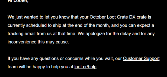 October 2018 Loot Crate DX Shipping Update