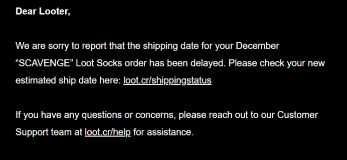 Loot Socks December 2018 Shipping Update!